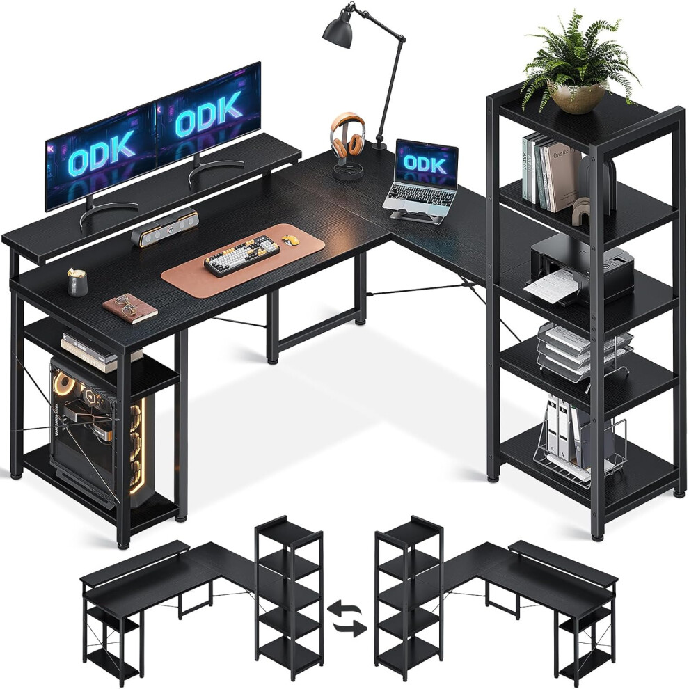 (ODK Computer Desk with Shelves, Reversible L Shaped Desk with Monitor Stand, Reversible Home Office Desk) ODK Computer Desk with Shelves, Reversible