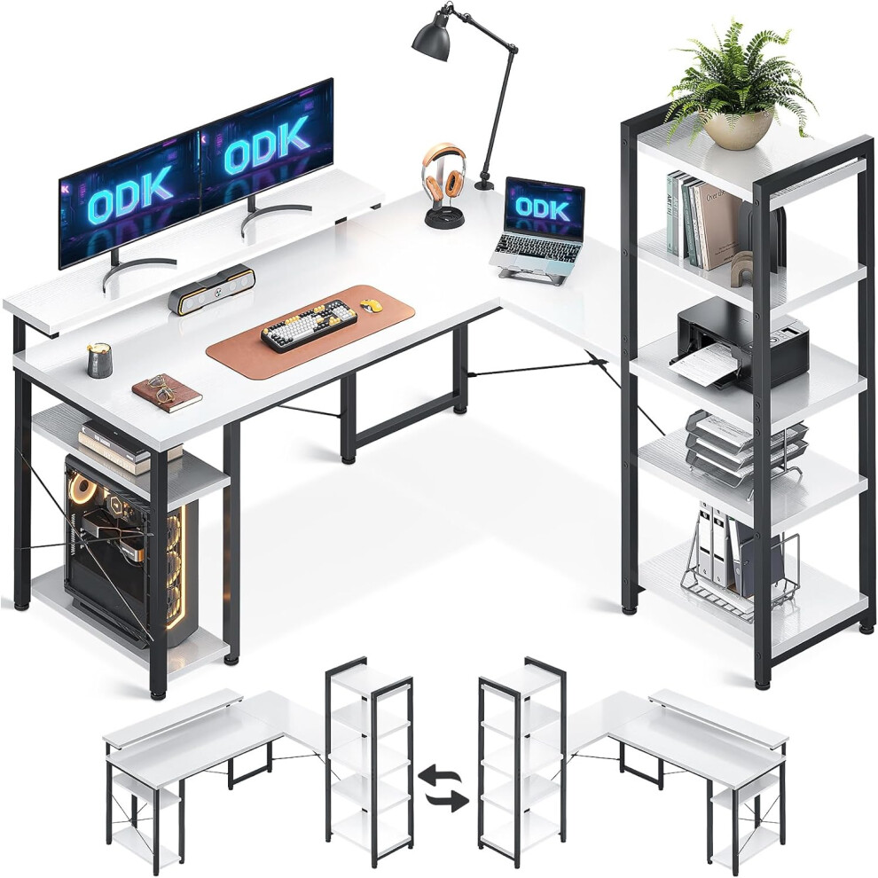 (ODK Computer Desk with Shelves, Reversible L Shaped Desk with Monitor Stand, Reversible Home Office Desk) ODK Computer Desk with Shelves, Reversible