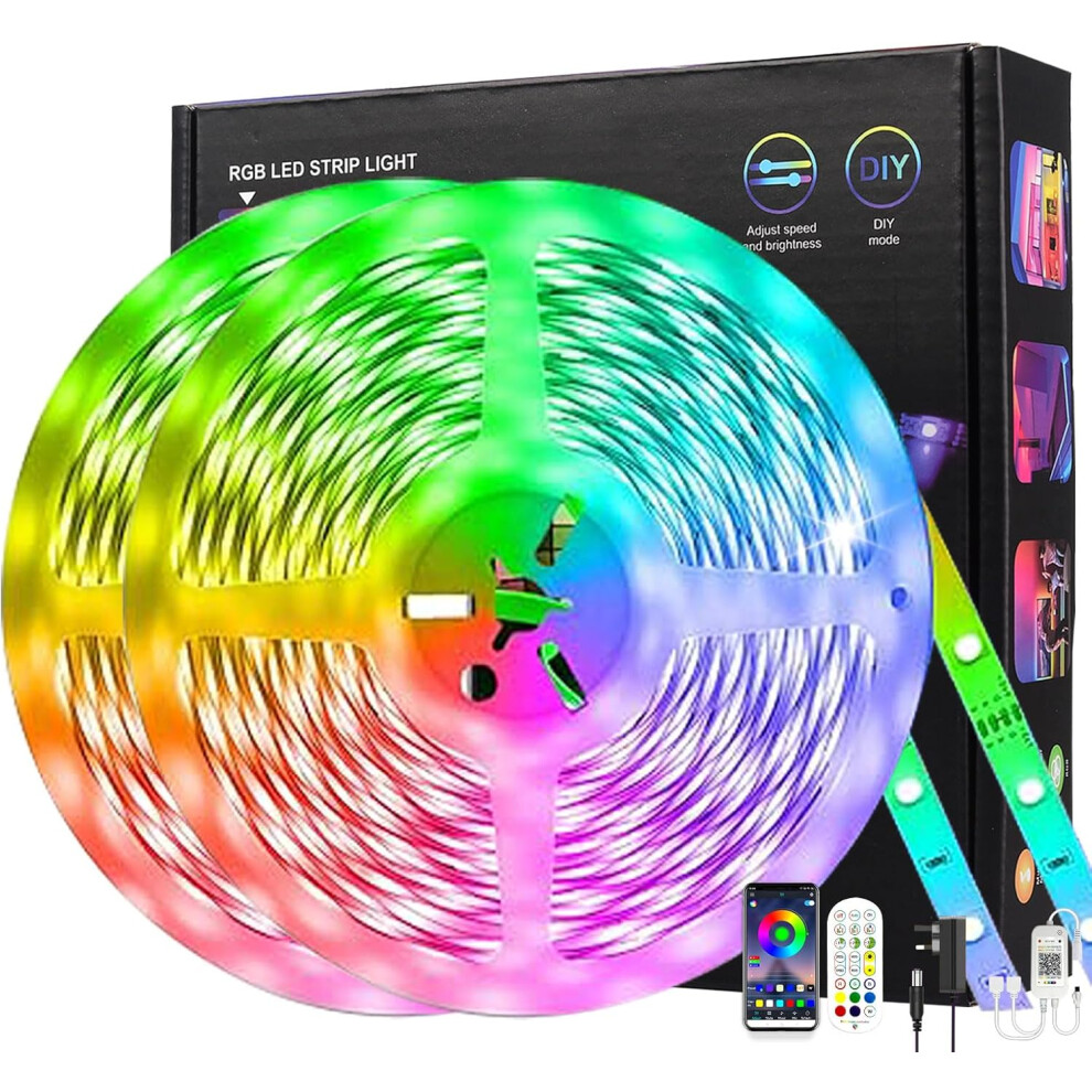 (Waterproof 20M(2 Rolls of 10m), Multicolor(9 Colors Changing)) LED Light, 20m Outdoor Waterproof Light 64ft Bluetooth Music Sync Color Changing, 24V RGB Smart Light Strip Remote Control, Plug-in LED Light Strip