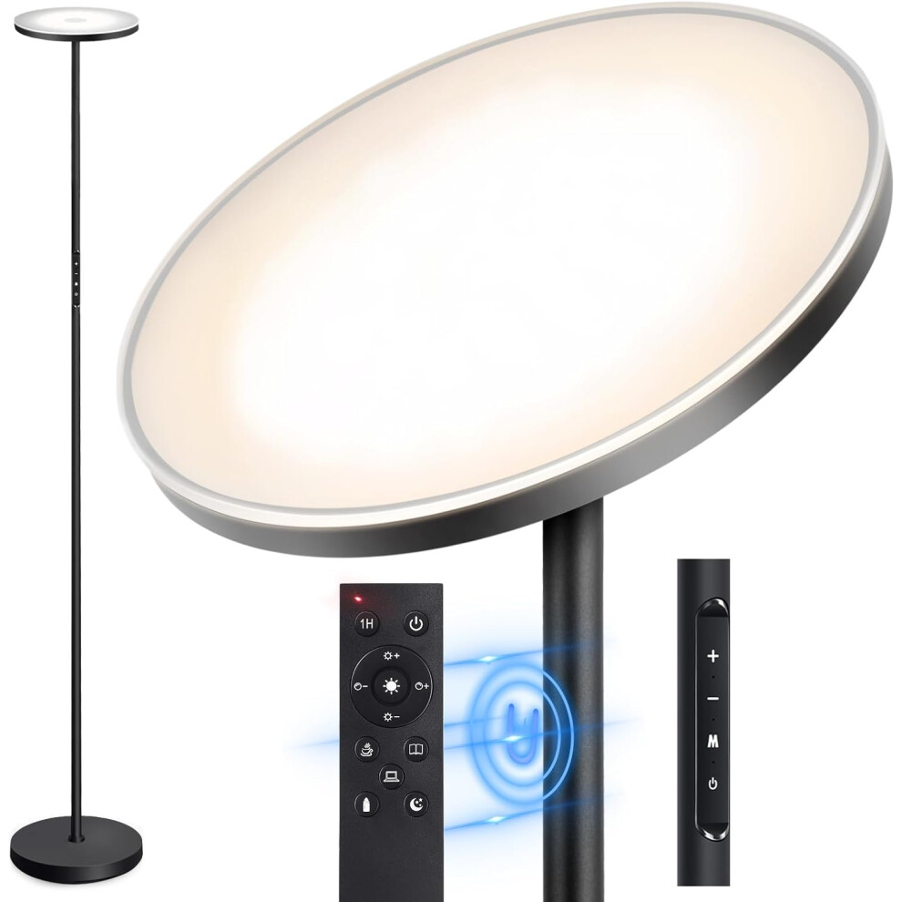 (Metal Black) LED Uplight Floor Lamp 30W 3000LM, Bright Modern Dimmable Floor Lamp, Remote Touch Control and 4 Color Temperatures, 1 Hour Timer, for Living Room