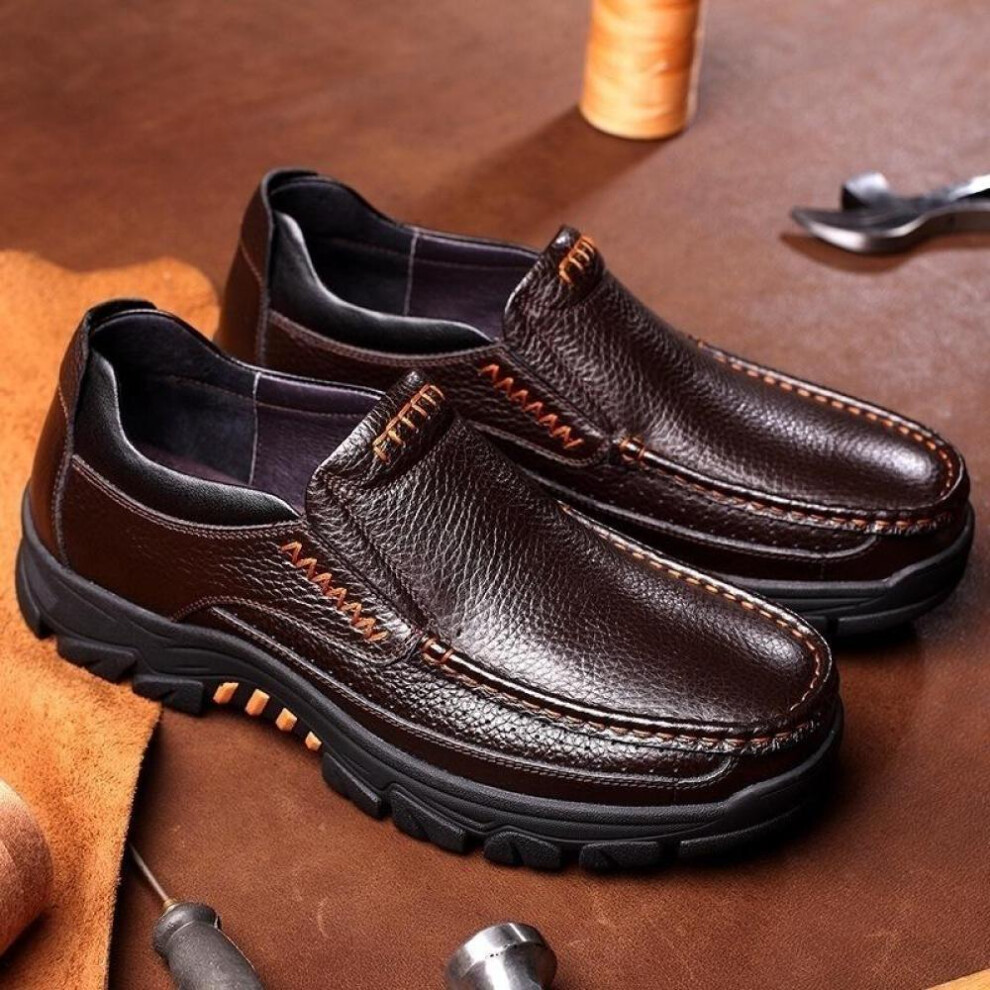 (brown, 42) Casual Comfy Genuine Cow Leather Business Men Boat Shoes Soft Loafers Seniors Elderly Shoes