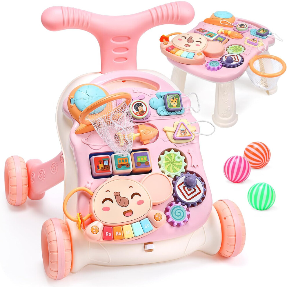 (Pink) 2 in 1 Sit to Stand Learning Walker and Activity Center, Learning to Walk, Early Push Walking Toys for Todler
