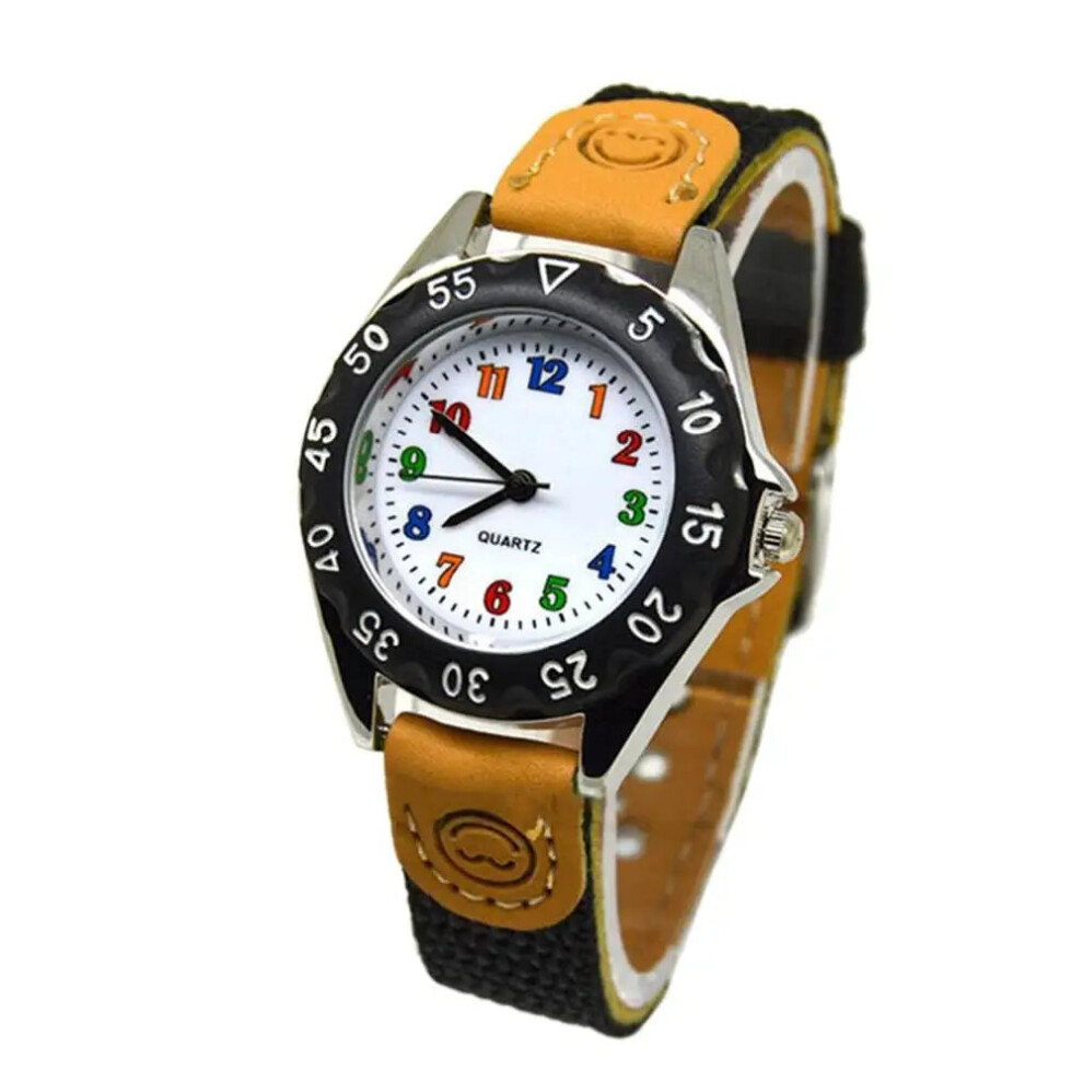 (Black) Boys Girls Quartz Watch Kids Childrens Fabric Strap Student Wristwatch