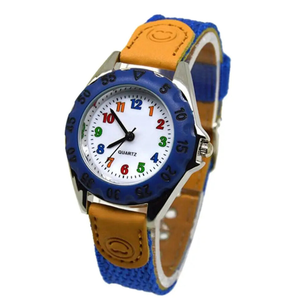 (Blue) Boys Girls Quartz Watch Kids Childrens Fabric Strap Student Wristwatch