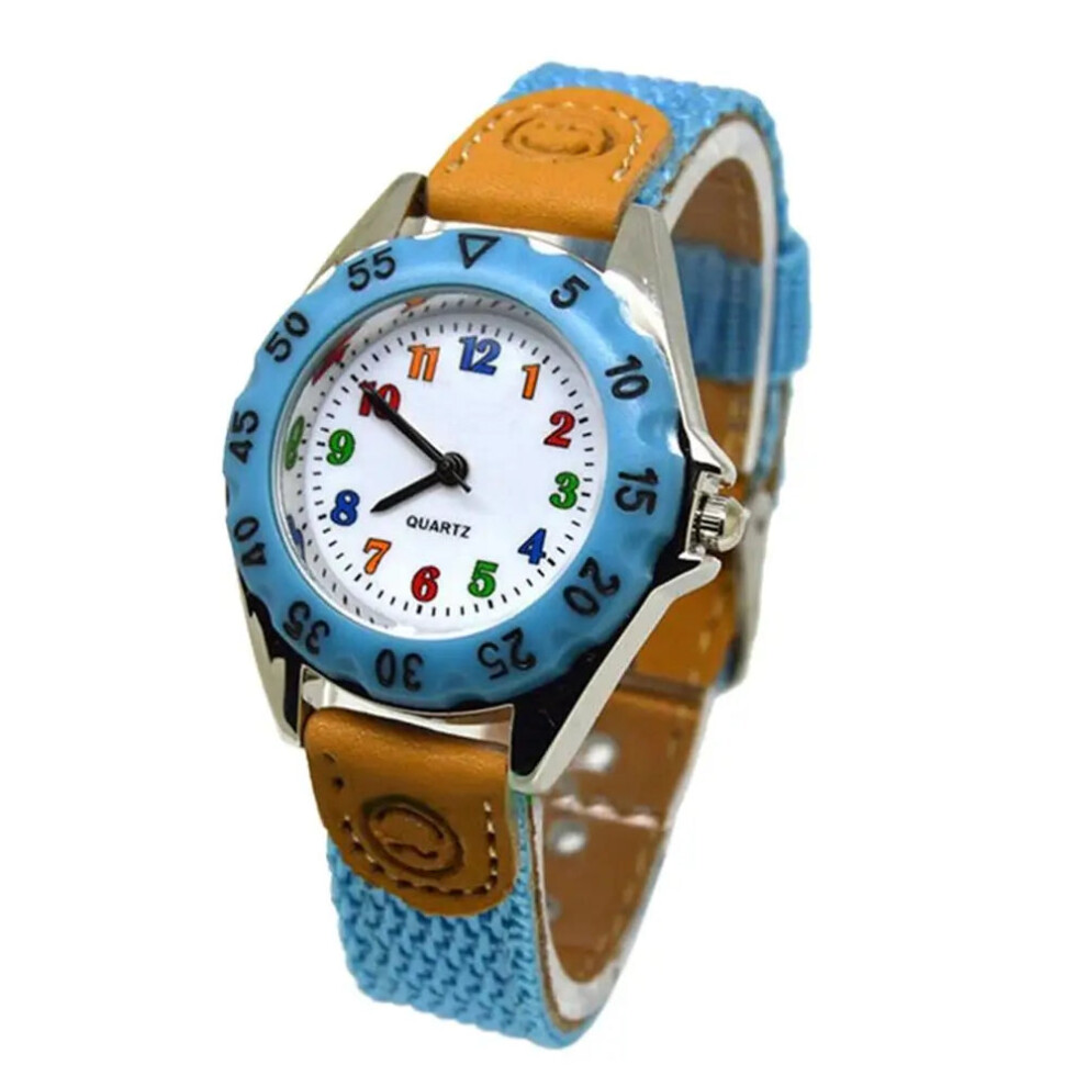 (Sky blue) Boys Girls Quartz Watch Kids Childrens Fabric Strap Student Wristwatch