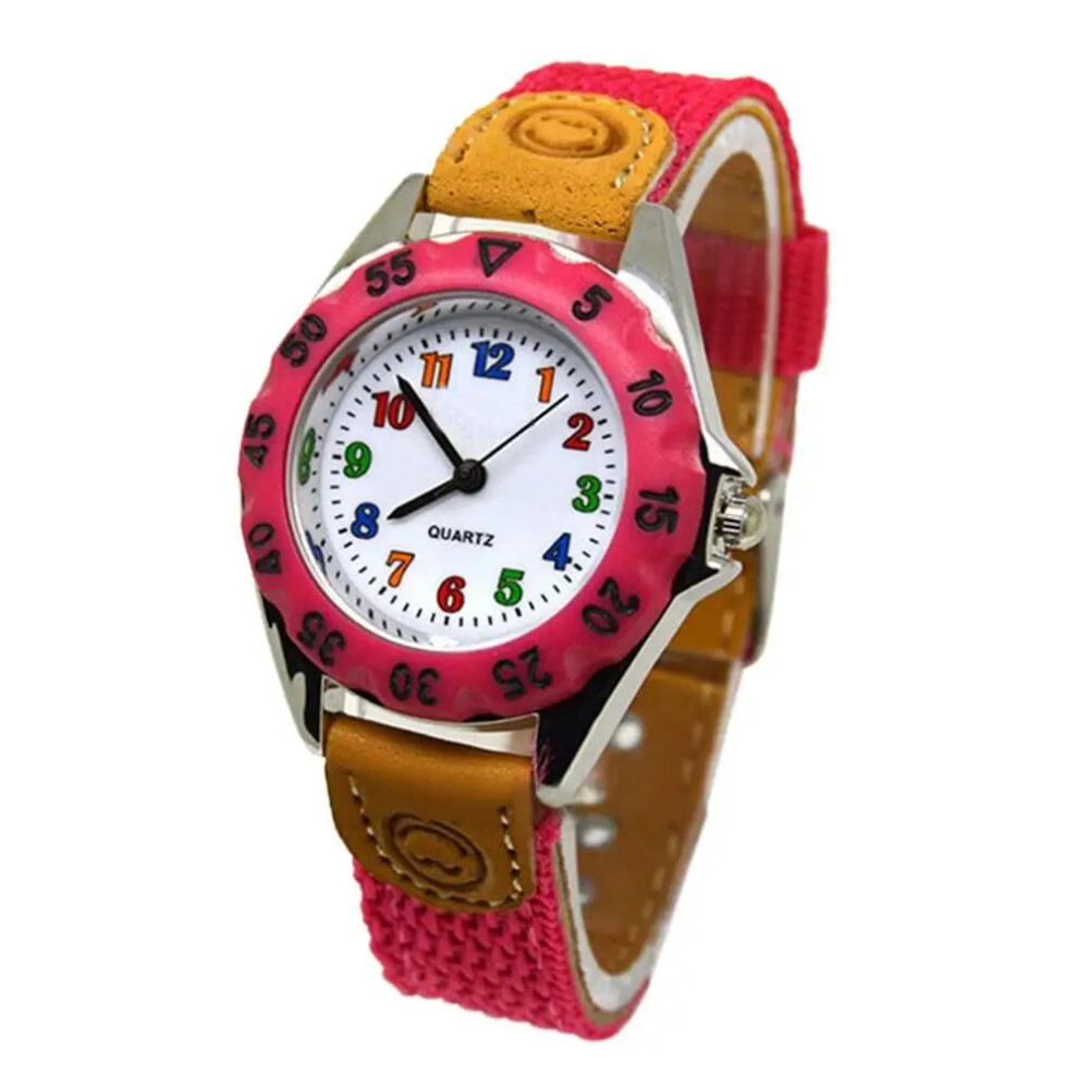 (Rose red) Boys Girls Quartz Watch Kids Childrens Fabric Strap Student Wristwatch