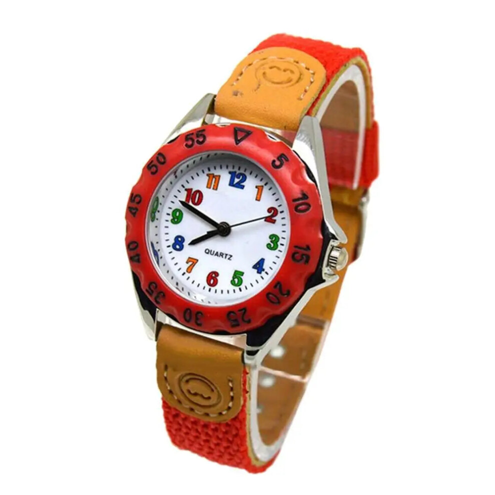 (Red) Boys Girls Quartz Watch Kids Childrens Fabric Strap Student Wristwatch