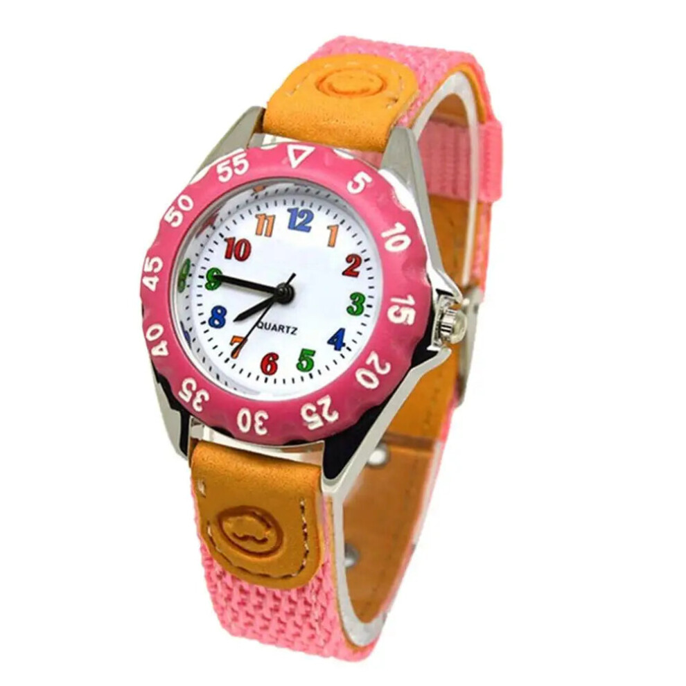 (Pink) Boys Girls Quartz Watch Kids Childrens Fabric Strap Student Wristwatch