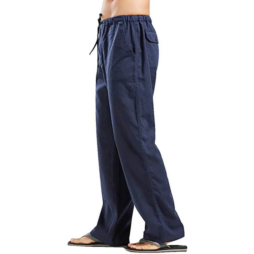 (navy blue, XXL) Mens Cotton Linen Pants Loose Cool Casual Elastic Waist Long Trousers