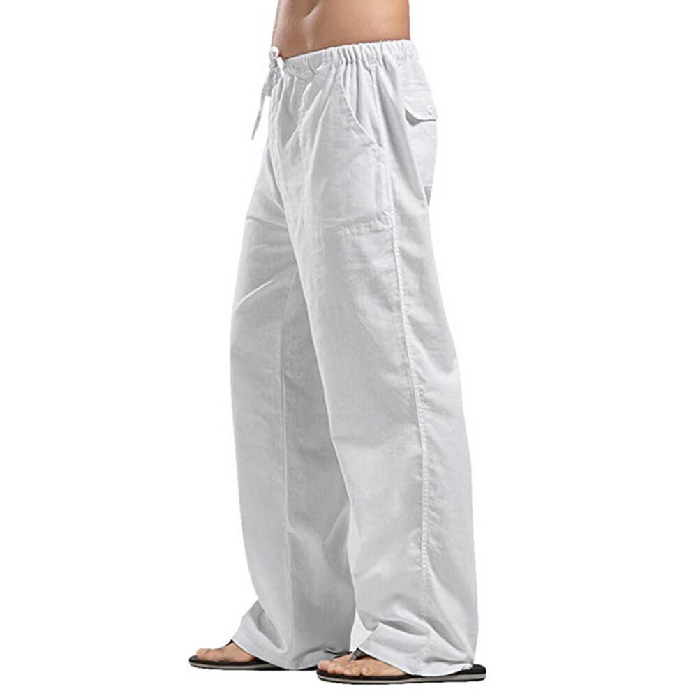 (WHITE, M) Mens Cotton Linen Pants Loose Cool Casual Elastic Waist Long Trousers-image-OPC-PFF9HG9-NEW