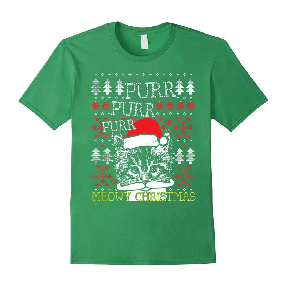 (L) Green Meowy Christmas Ugly Xmas T-shirt for Cat Lovers-Father's Day