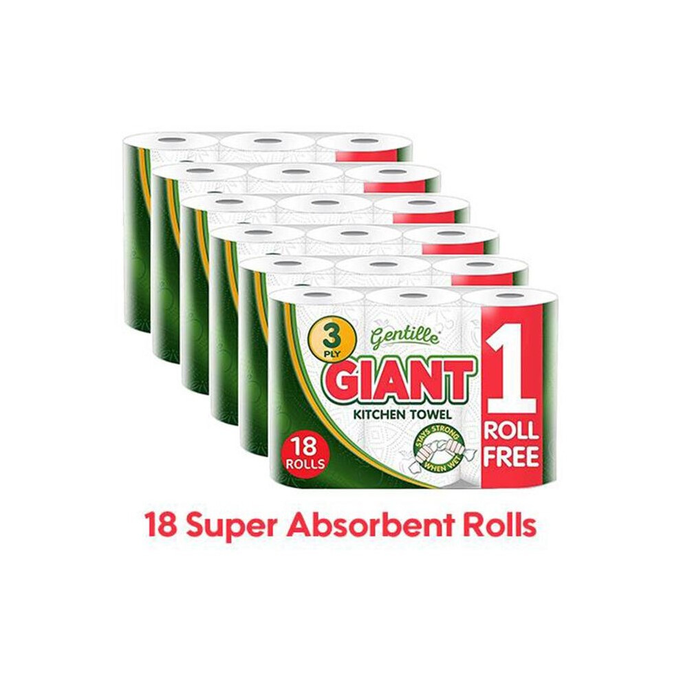18 Rolls Gentille Giant 3 Ply Thickness Paper Towel-Extra Strong, Absorbent, Tough, Durable Kitchen Roll- Multipurpose 6 Pack of 3 Rolls
