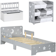 ZONEKIZ 3-Piece Kids Bedroom Set with Bed, Toy Box Bench & Storage Unit – Grey Stars & Moons (313-P005)