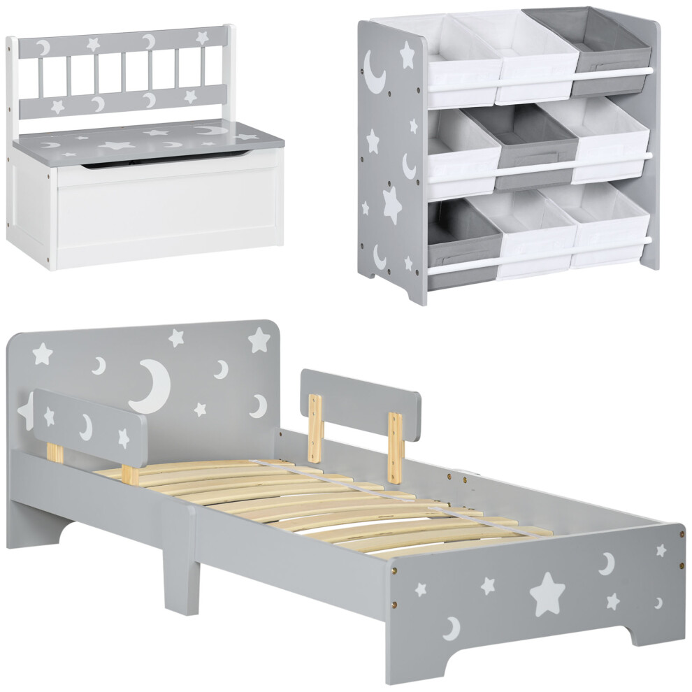 Zonekiz 3-Piece Kids Bedroom Set With Bed, Toy Box Bench & Storage Unit – Grey Stars & Moons (313-P005)