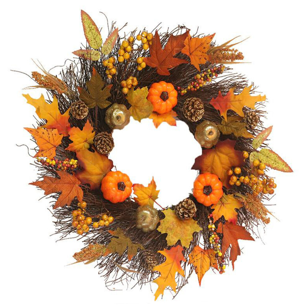 45cm Artificial Maple Leaf Pumpkin Berry Rattan Wreath with 2m Light String