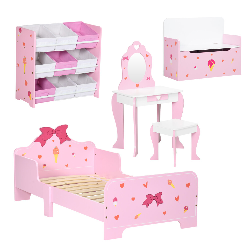 ZONEKIZ 5PCs Kids Furniture Set W/ Bed Toy Box Vanity Table Storage Unit, Pink
