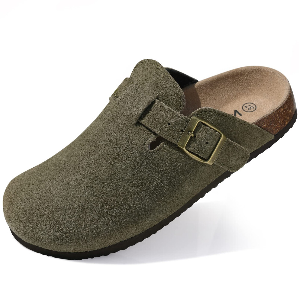 (suede-Army Green, 41) Women Slippers Suede Mules Cork Footbed Home Sandals with Arch Support  ﻿
