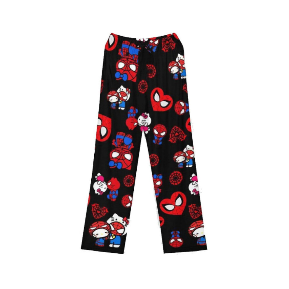 (Black, L) Hello Halloween Kitty Pattern Woman Pajama Pants Polyester Material
