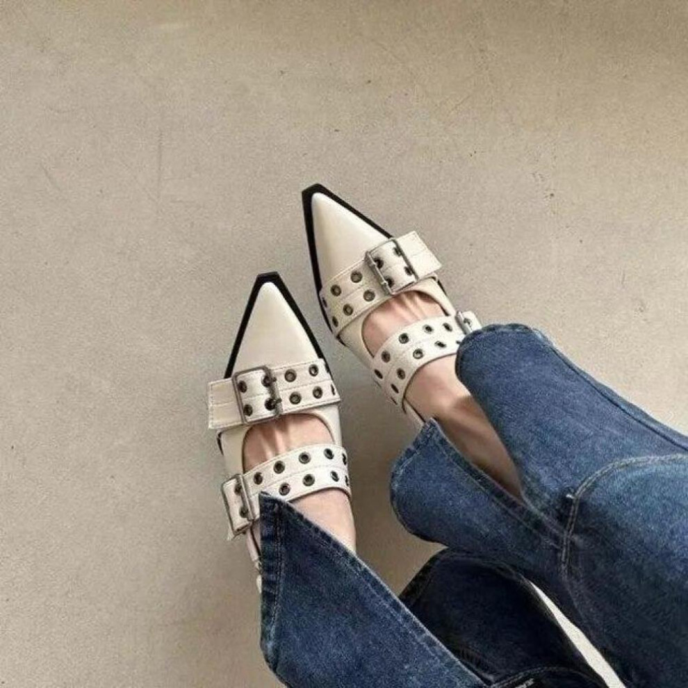 (beige, 36) Pointy Mary Jane Shoes for Women Summer Model with Skirt Small Leather Shoes Retro Chunky Single Shoes for Women