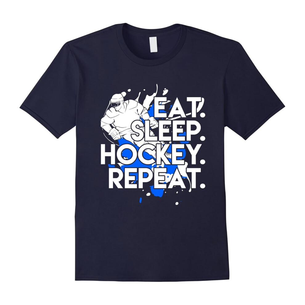 (L) Eat Sleep Hockey Repeat T-Shirt Hockey Lovers Tee-Father's Day