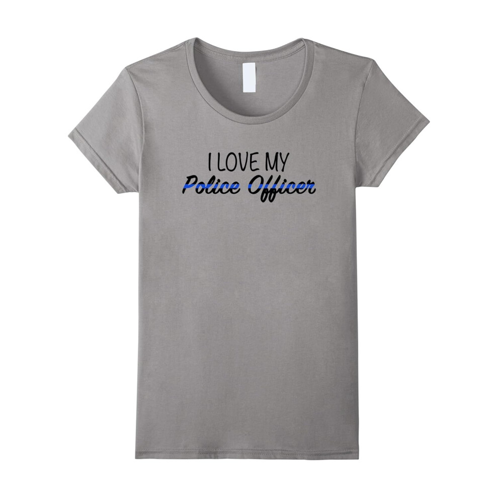 (L) Womens I Love My Police Officer Thin Blue Line T-Shirt-Father's Day