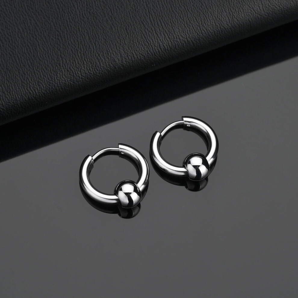 (16mm, Ball Silver) 1Pair Stainless Steel Hoop Earrings Anti Allergic Hip Hop Earring Unisex