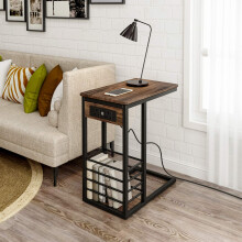 BELIWIN Living Room Side Table with Charging Station and Storage, Narrow Bedside End Table with 2 AC Outlets 2 USB Outlets,C Shape