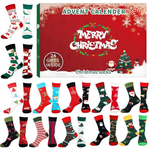 Stocking Advent Calendar 24 Days Countdown Christmas Cotton Socks For Adults Different Pattern Advent Box Socks