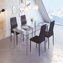 (black) Rectangular Dining Table and 4 Chairs, High Back White PU Leather Chairs and Tempered Glass Dining Room Set Kitchen Furniture