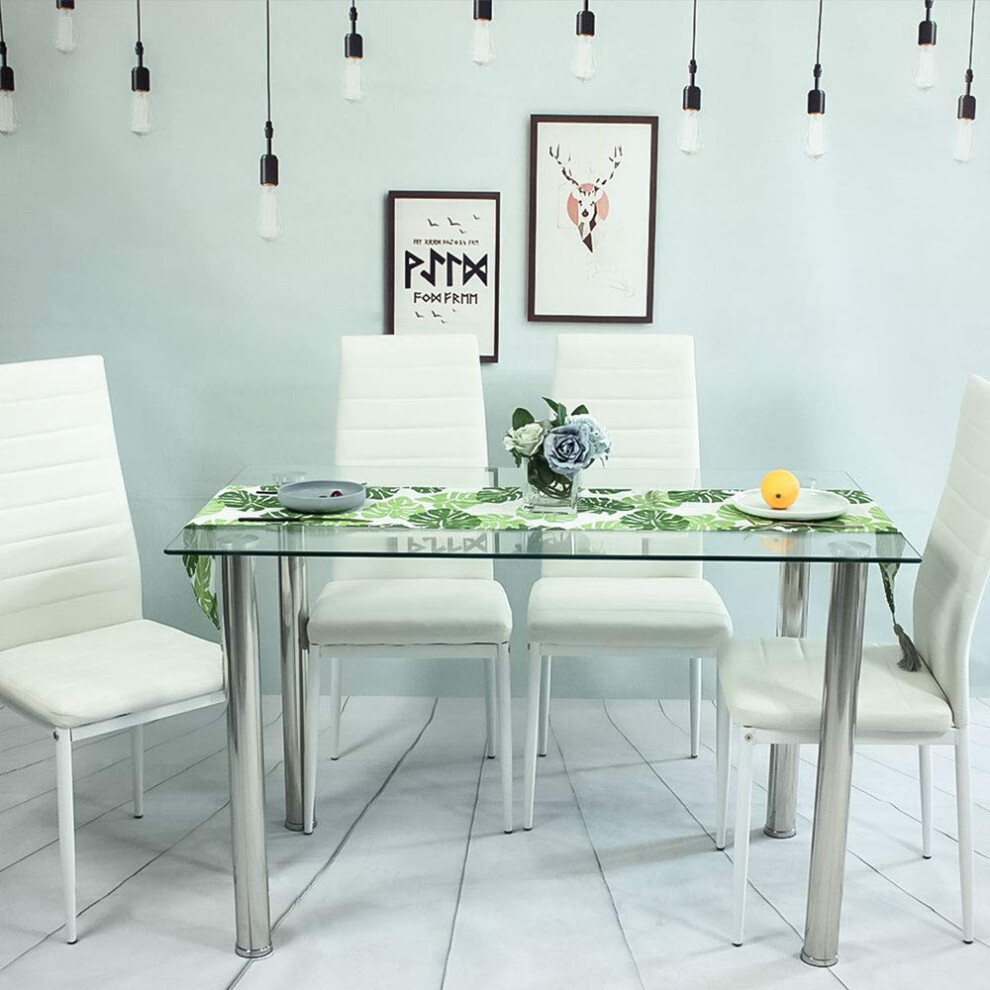 (white) Rectangular Dining Table and 4 Chairs, High Back White PU Leather Chairs and Tempered Glass Dining Room Set Kitchen Furniture