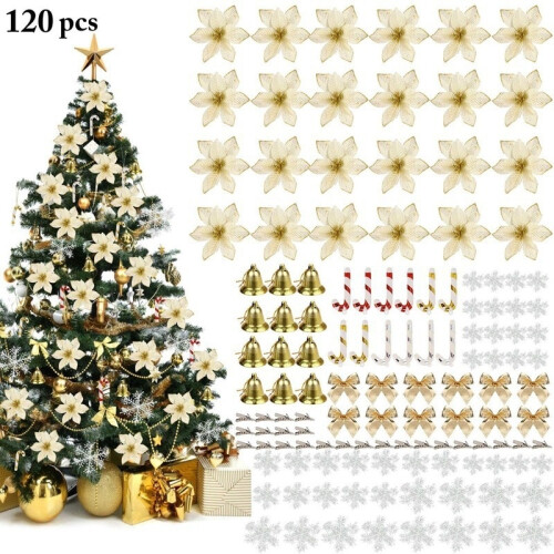 (Gold) 120pcs Glitter Artificial Christmas Tree Decoration Flowers