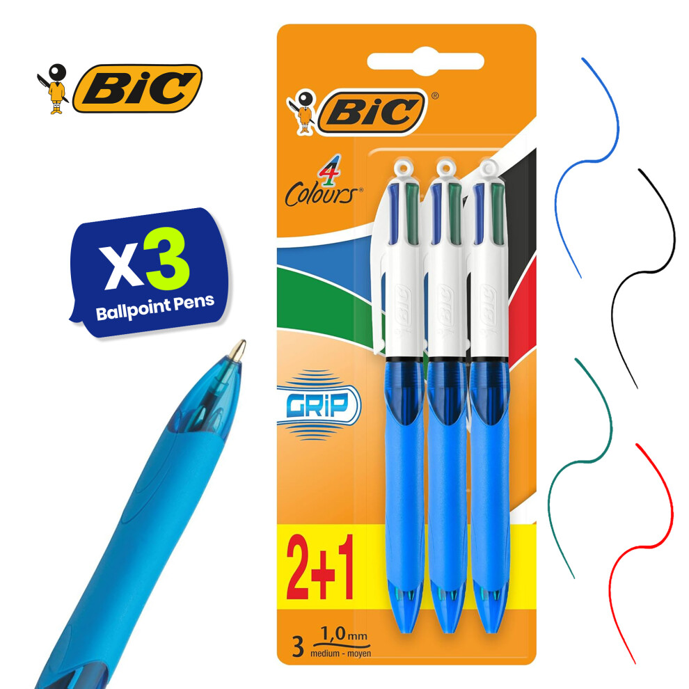 BIC Comfort Grip Ballpoint Pens Retractable Pack 3 with 4 Ink Colours