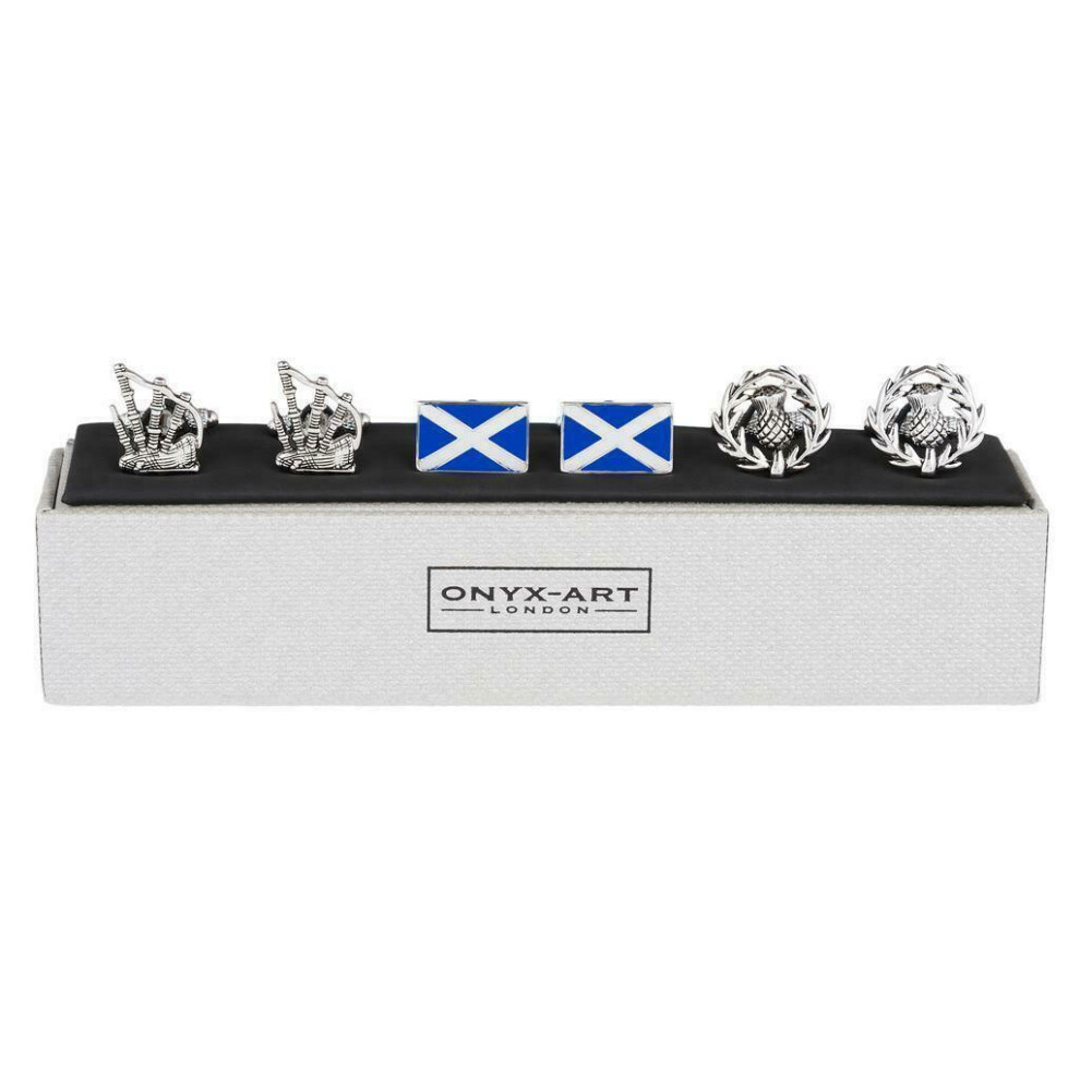 Set Of 3 Scotland Flag Scottish Thistle Bagpipe Mens T-bar Cufflinks