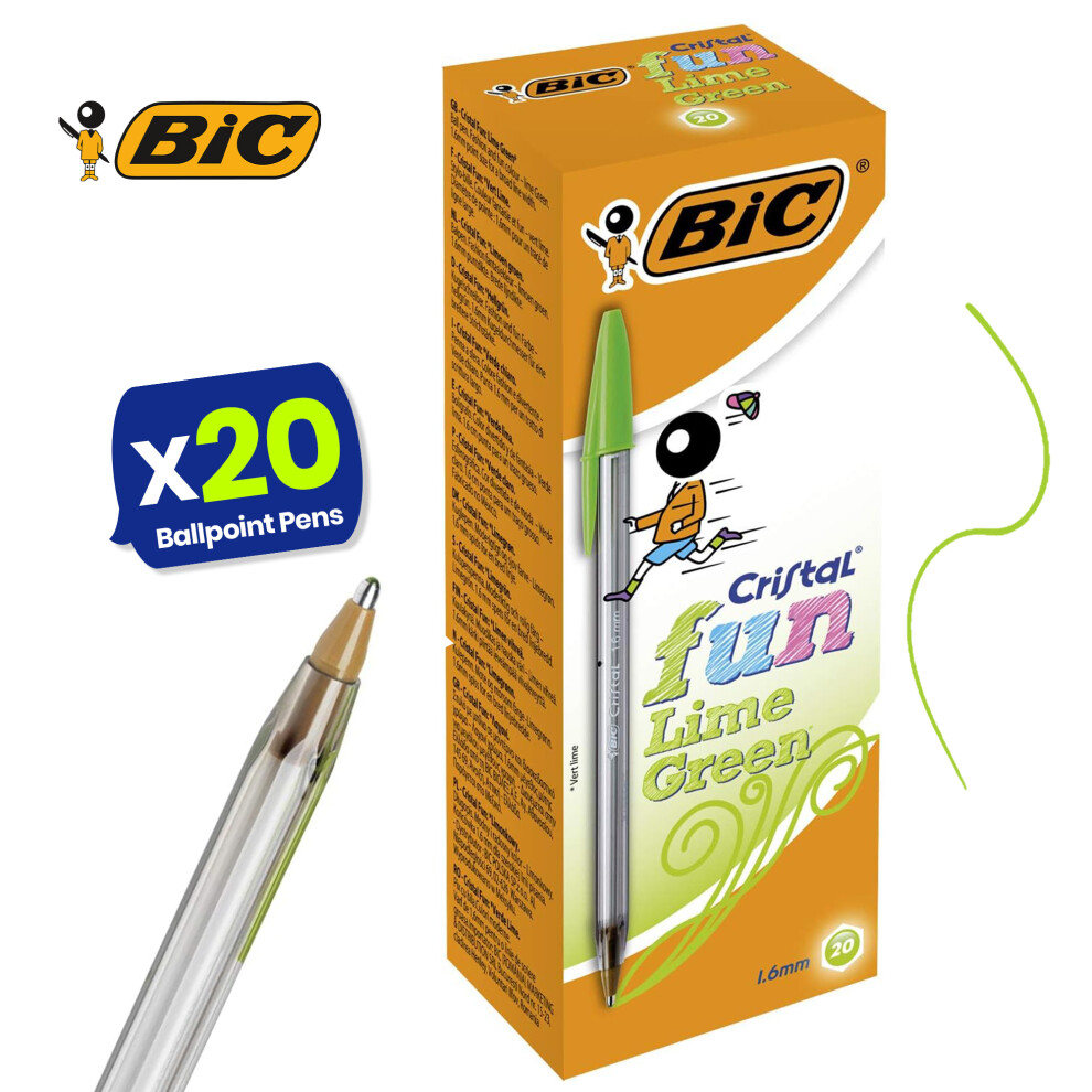 BIC Cristal Fun Ballpoint Pens Lime Green Ink Bold Tip 20 Pack