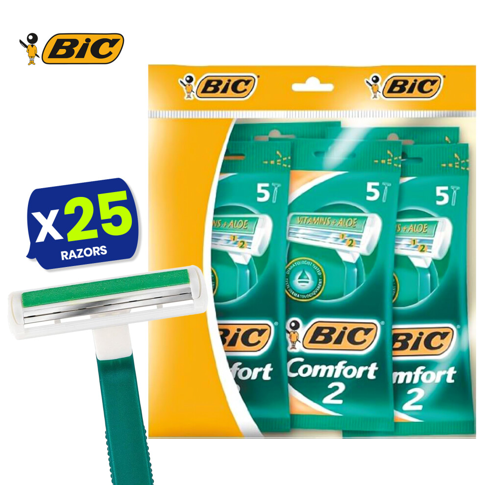 BIC Comfort 2 Twin Blade Disposable Razors for Men Pack of 25 Green