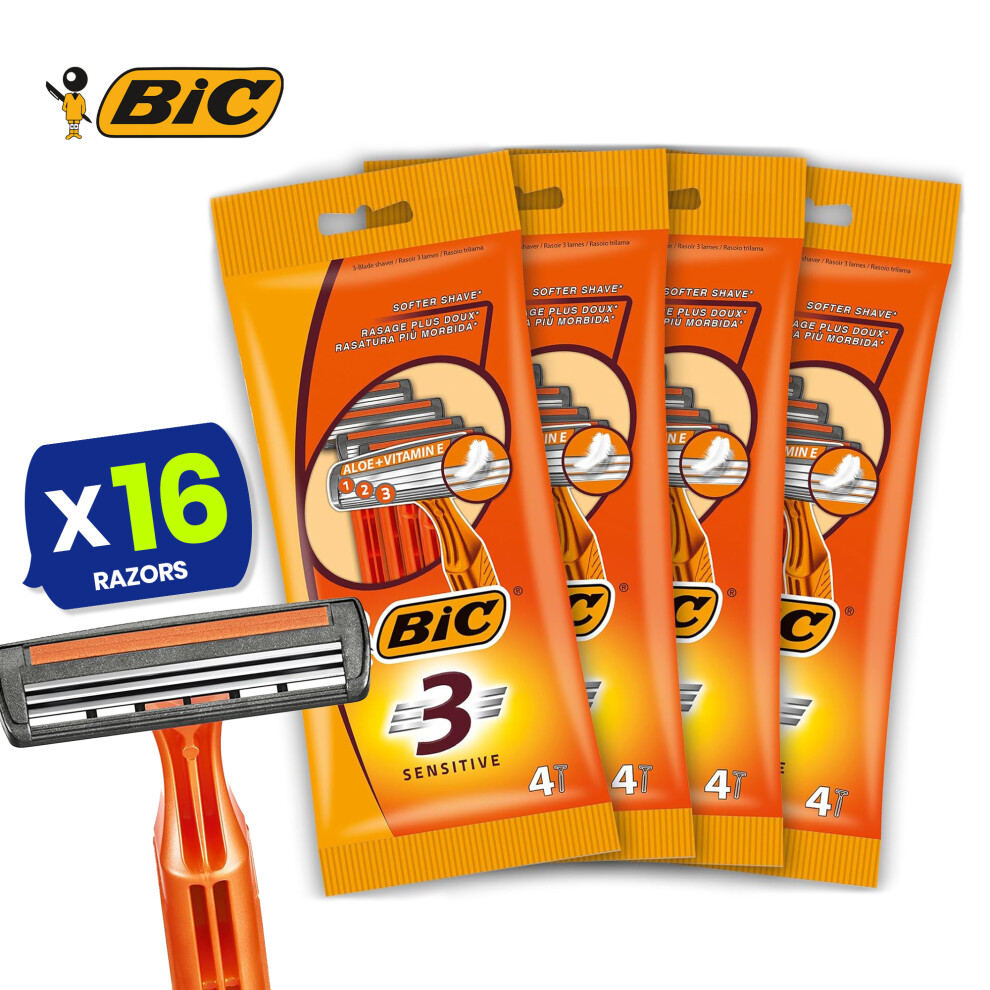 BIC 3 Sensitive Disposable Razors Triple Blade Pack of 4 for Men