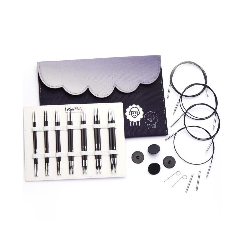 KnitPro Karbonz Knitting Pins Circular Interchangeable Standard: Deluxe Set in a grey fabric case