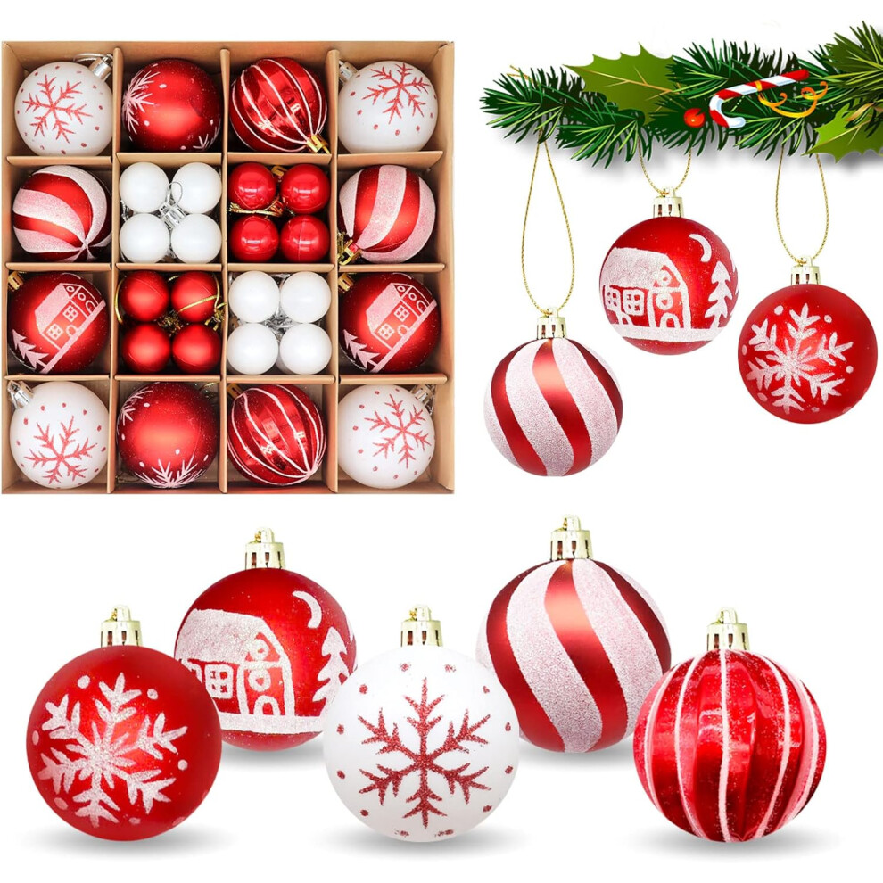 44 Pieces of Christmas Baubles, Shatterproof Ball Christmas Tree Decoration Ornament Set, Christmas Themed Hanging Decoration Supplies - Red and White