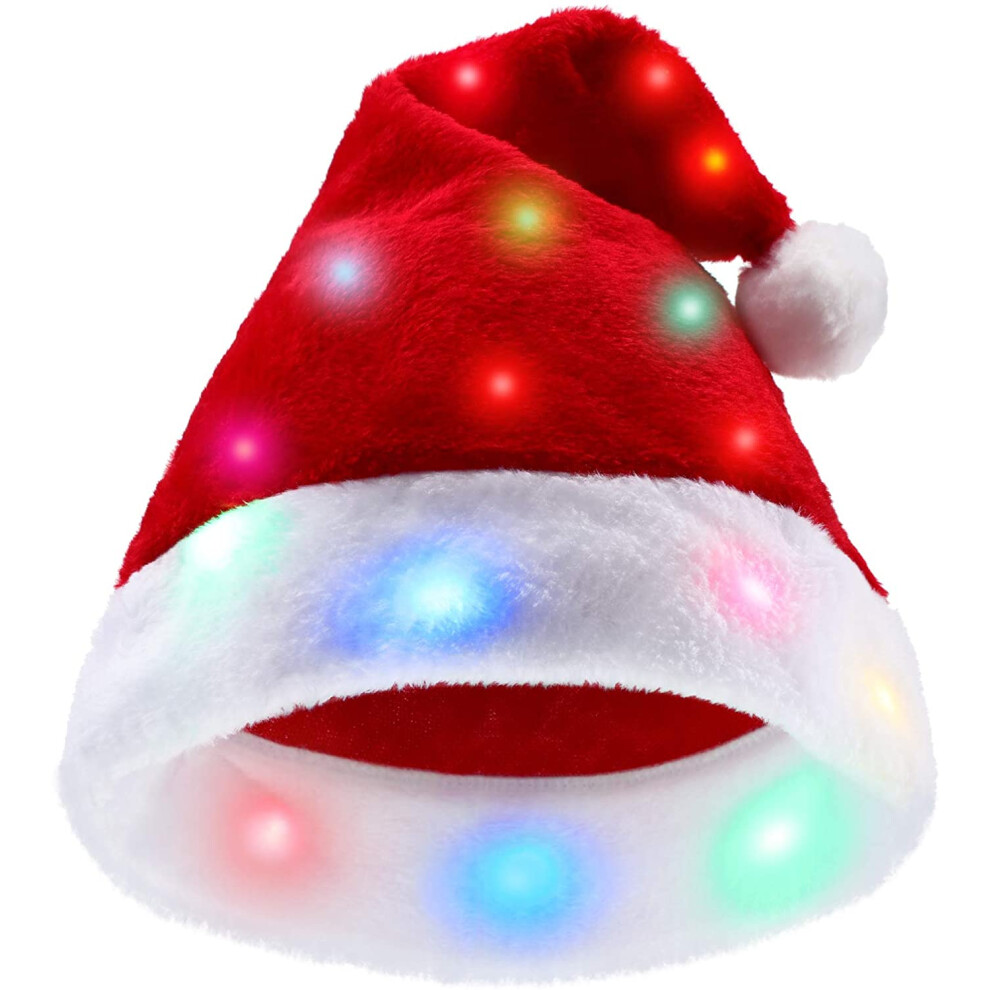 Christmas Hat with LED Lights Funny Santa Hat Plush Faux Fur Xmas Holiday Hat with Light Up Color