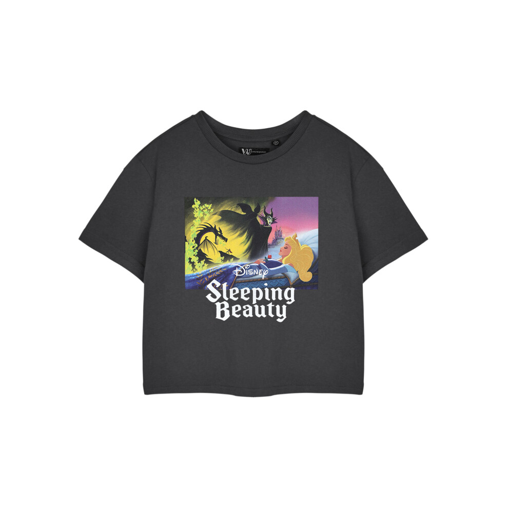 (Medium) Disney Sleeping Beauty Cropped Short Sleeved T-Shirt (Womens Grey)