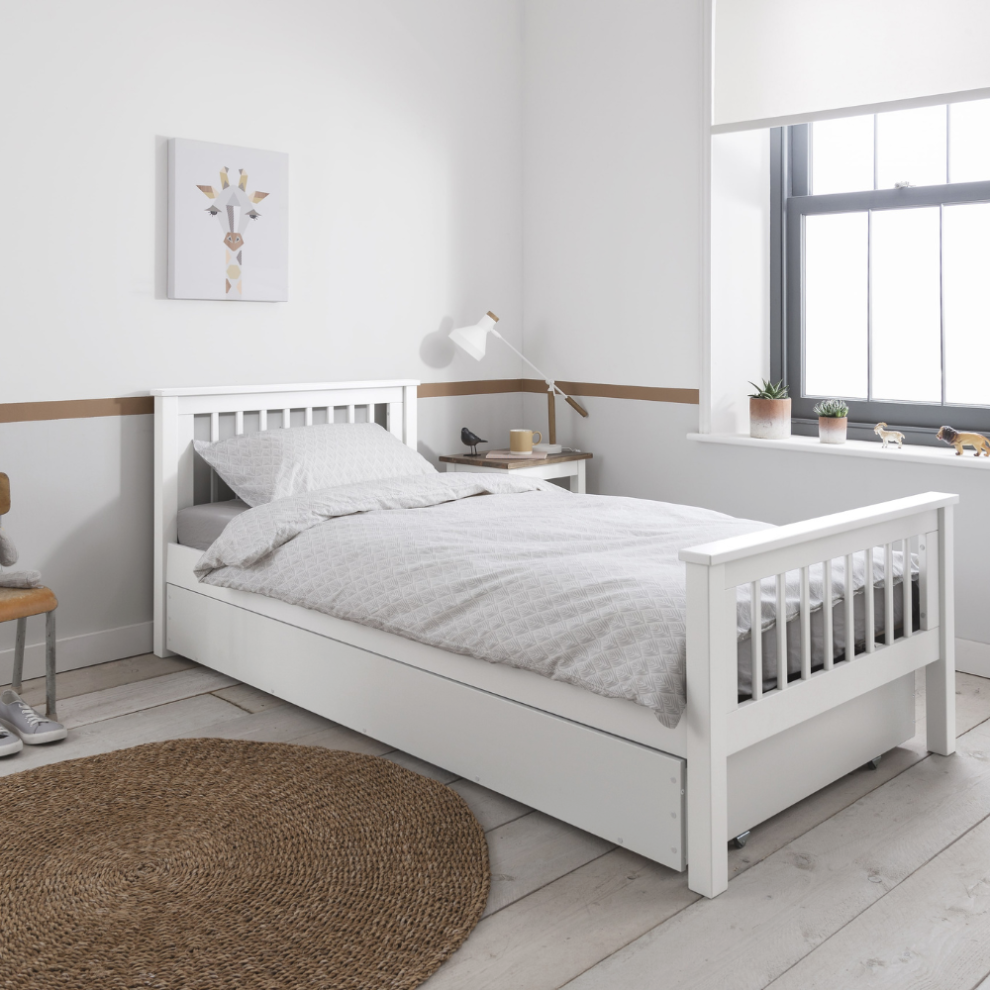 (Hampshire Single Bed Frame with Olaf pull out Trundle in White) Hampshire Single Bed Frame with Choice of Trundles