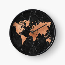 (World Map - Rose Gold on Black Marble=1736) Wall Clock 12 Inch Funny Mantel & Tabletop Art Decor for Home Bedroom Office