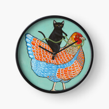 (Chicken Ride Wyandotte and Black Cat=2273) Wall Clock 12 Inch Funny Mantel & Tabletop Art Decor for Home Bedroom Office