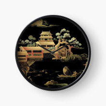 (ORIENTAL BLACK GOLD PAGODA JAPAN ASIAN CHINESE THEME PRINT POSTER ART=2020) Wall Clock 12 Inch Funny Mantel & Tabletop Art Decor for Home Bedroom Office