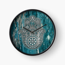 (Silver Hamsa Hand On Turquoise Wood =2516) Wall Clock 12 Inch Funny Mantel & Tabletop Art Decor for Home Bedroom Office