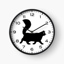 (Walking Longhaired Black Cat with Long Fluffy Tail=2190) Wall Clock 12 Inch Funny Mantel & Tabletop Art Decor for Home Bedroom Office