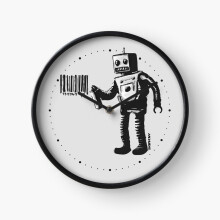 (Banksy smiling Robot and barcodes Better Out Than In New York City residency black and white HD HIGHT QUALITY ONLINE STORE=4752) Wall Clock 12 Inch Funny Mantel & Tabletop Art Decor for Home Bedroom Office
