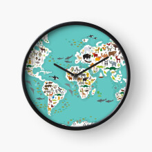 (Cartoon animal world map for children and kids, Animals from all over the world, white continents and islands on blue of ocean and sea.=7566) Wall Clock 12 Inch Funny Mantel & Tabletop Art Decor for Home Bedroom Office