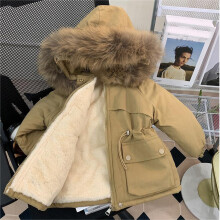 (Khaki, 2-3Years) Kids Girl Coat Fur Hooded Parka Jacket Warm Fleece