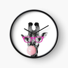 (Black White Giraffe Pink Glasses Bubble Gum =8205) Wall Clock 12 Inch Funny Mantel & Tabletop Art Decor for Home Bedroom Office